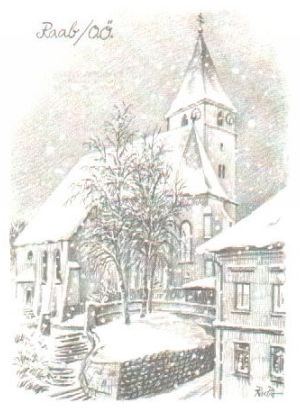 Zeichnung der Pfarrkirche Raab